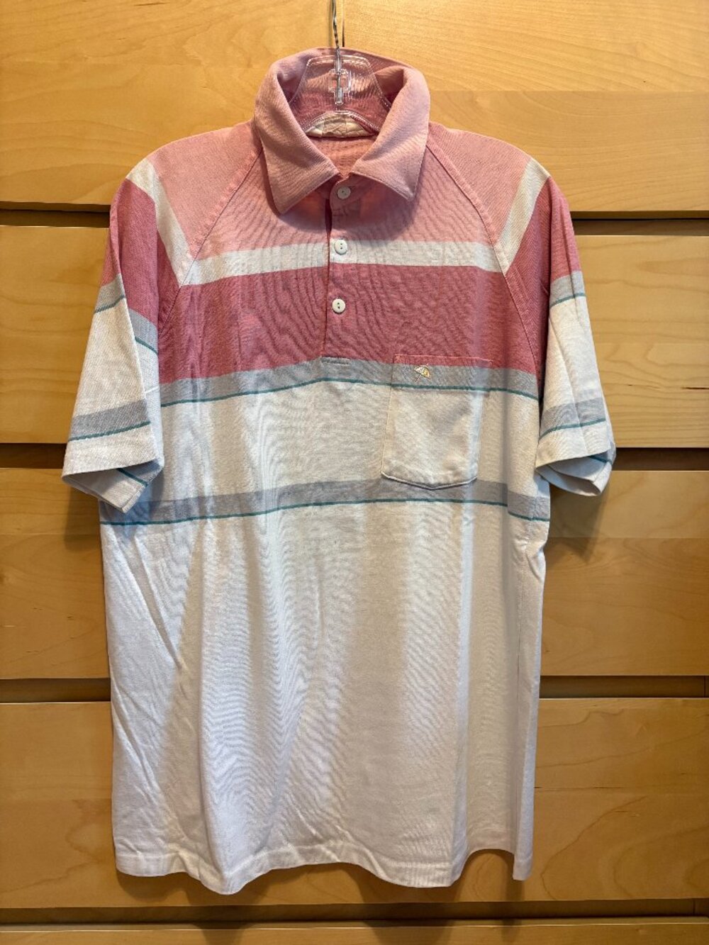 Vintage Arnold Palmer Pink, Gray, White Striped Polo Shirt, Size: Medium / 40